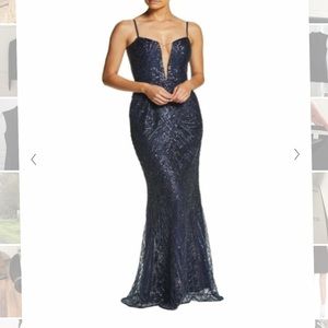 Dress the Population Mara Art Deco Sequin Gown Navy - S